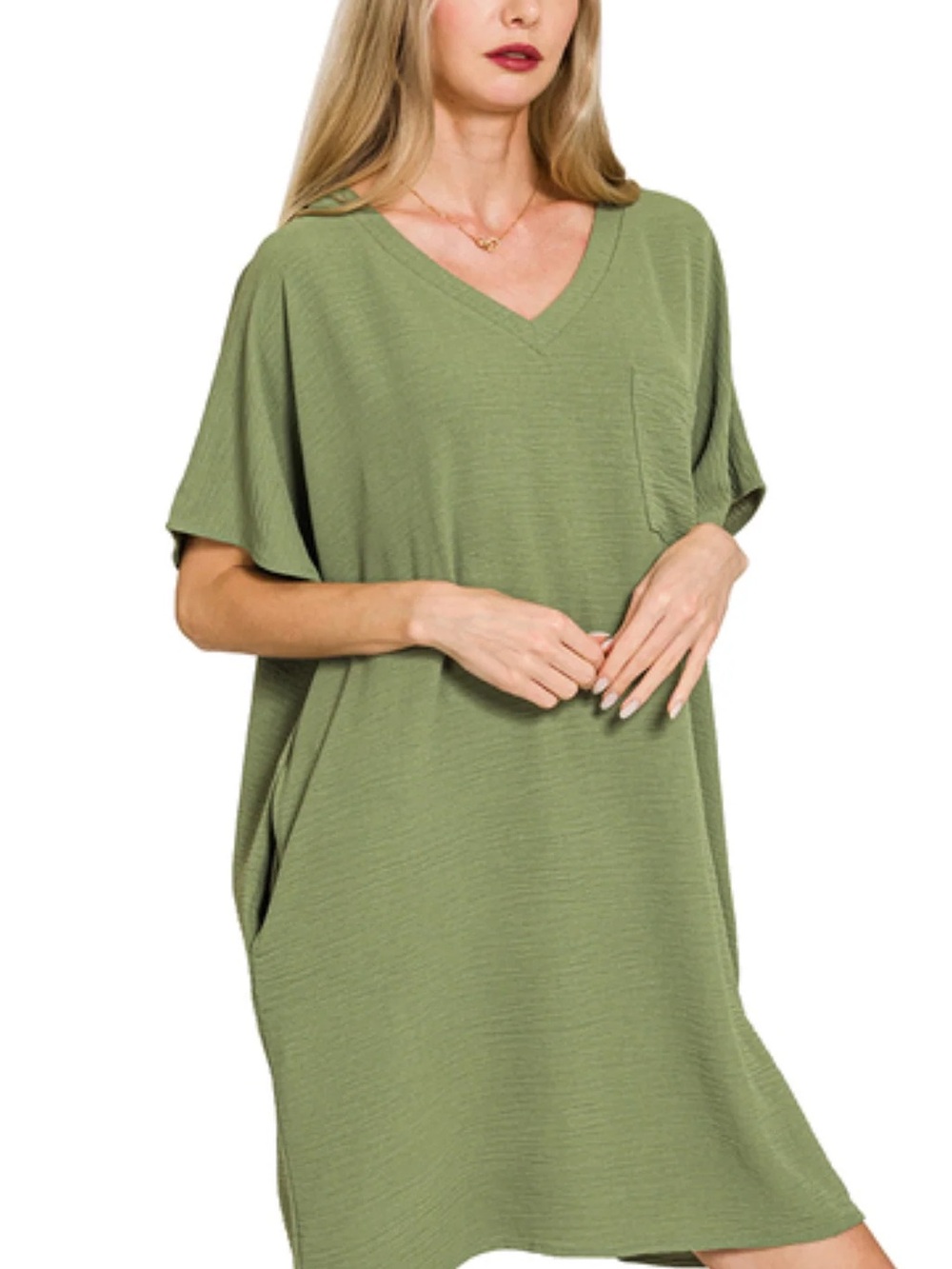 Zenana Olive Green Woven Airflow V-Neck Short Sleeve Dress With Pockets